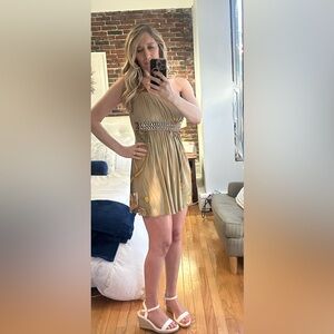 Elegant one shoulder Sky Tan Dress with Rhinestone Detail